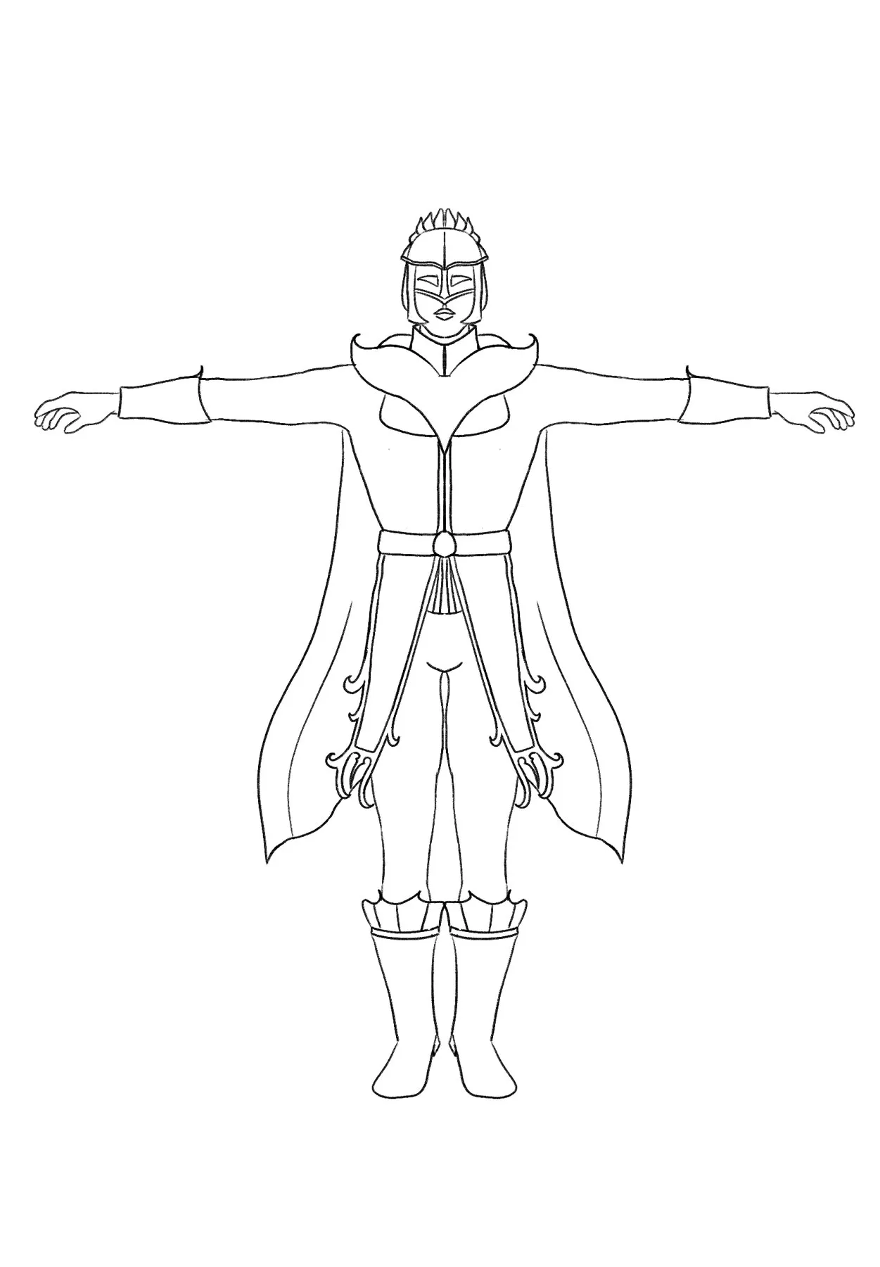 Front-view turnaround drawing of Thomas in a long coat and armour